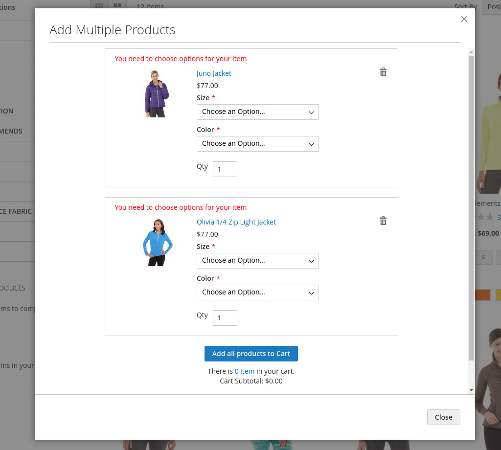 Add Multiple Products ajax popup