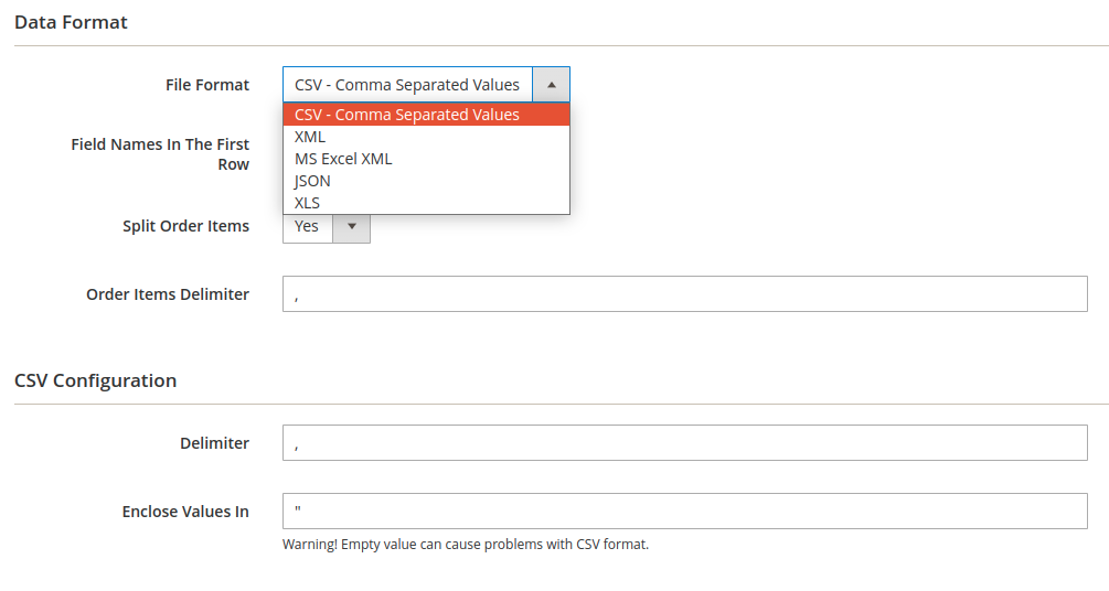 Orders Export support 5 export types: CSV, XML, MS Excel XML, JSON, XLS